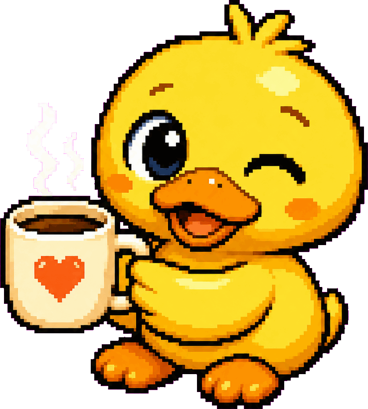 Ducky, the official pixel-art mascot, happily holding a coffee