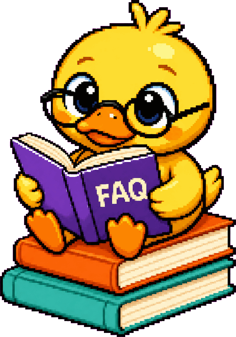 Ducky, the official pixel-art mascot, reading an FAQ book